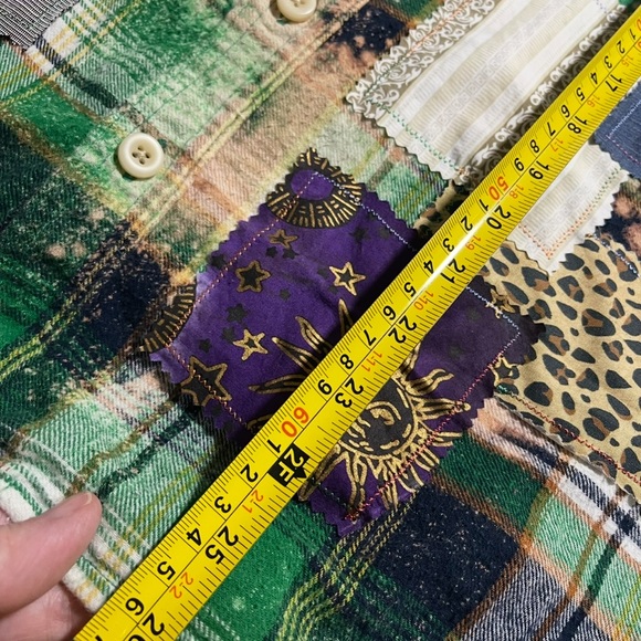 UpcycledAeropostale Green Plaid Bleached Flannel Denim Vintage Fabric Patchwork - Picture 6 of 8